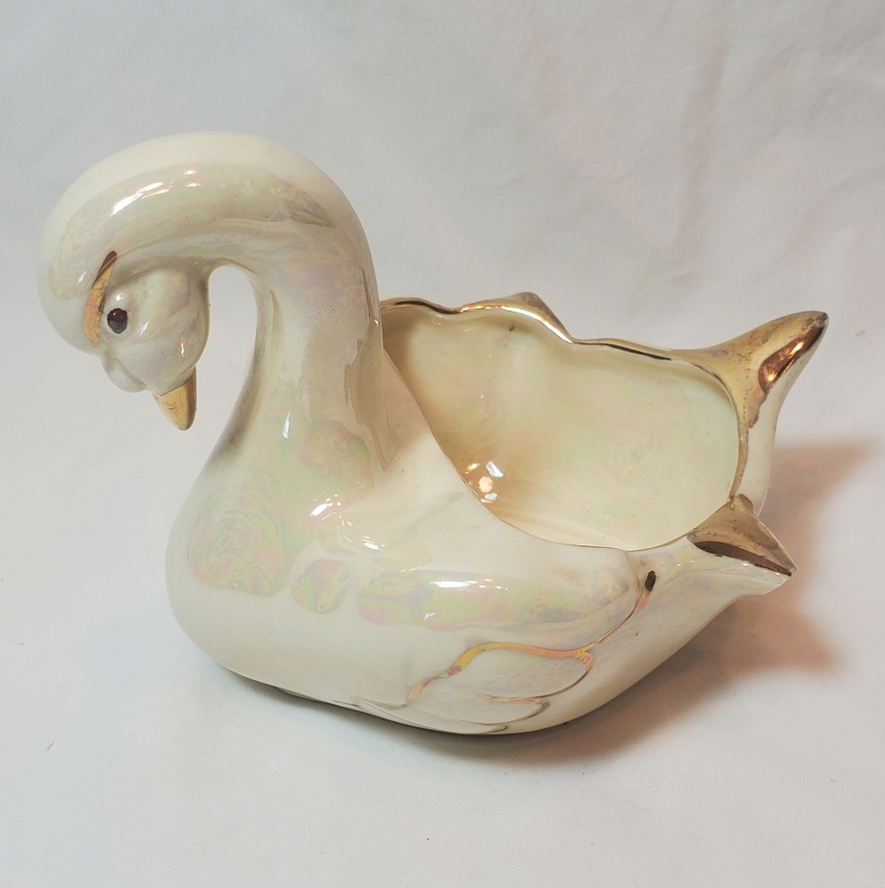White Iridescent Gold  Vtg Swan Figurine Trinket Bowl Candle Holder Pearl China